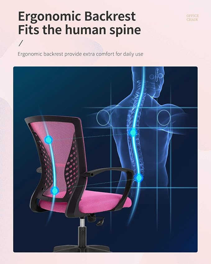 FDW Home Office Chair Mid Back PC Swivel Lumbar Support Adjustable Desk Task Computer Ergonomic Comfortable Mesh Chair with Armrest (Pink)