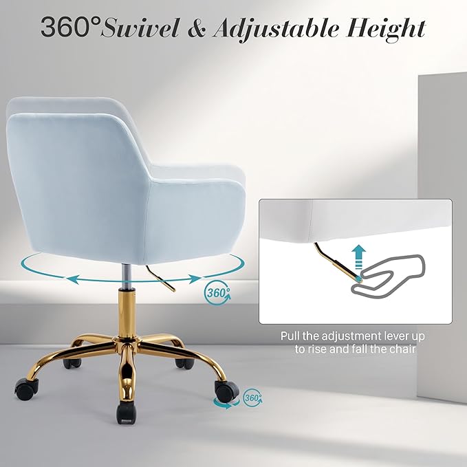 Faux Fur 360°Swivel Desk Chair, Modern Height Adjustable Home Office Armchair with Golden Base for Teens Women Girls, Upholstery Computer Chair, Velvet & Light Blue