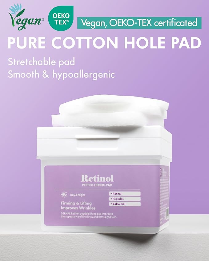 DERMAL Retinol Peptide Lifting Toner Pad 120 Count Bulk, Korean Anti Aging Stretchable Cotton Hole Pad with Bakuchiol and Copper Peptide, 65x70mm Large Square Pad with Tongs, Pore Firming Care