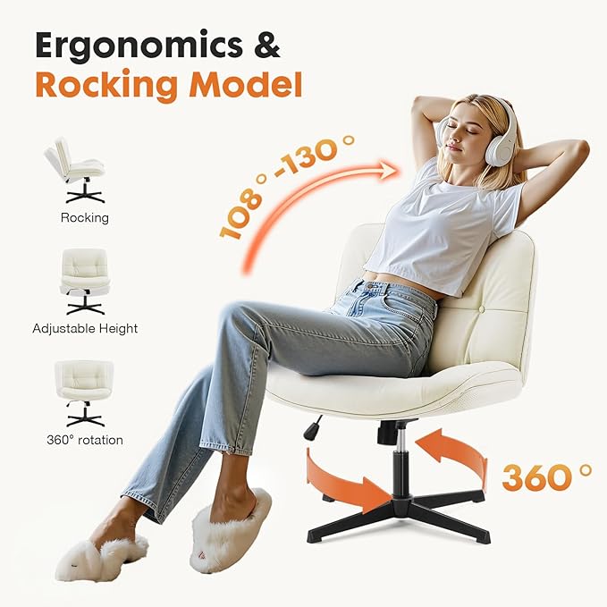 Sweetcrispy Criss Cross Chair, Wide Seat PU Leather Armless Office Desk Vanity Chair, Comfortable Adjustable Swivel Computer Task Chairs for Bedroom, Small Space Make Up, Light Beige