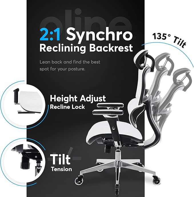 Oline ErgoPro Ergonomic Office Chair with 4D Adjustable Armrest, 3D Lumbar Support and Blade Wheels - Mesh Computer Gaming Rolling Desk Executive Swivel Home Chair (White)