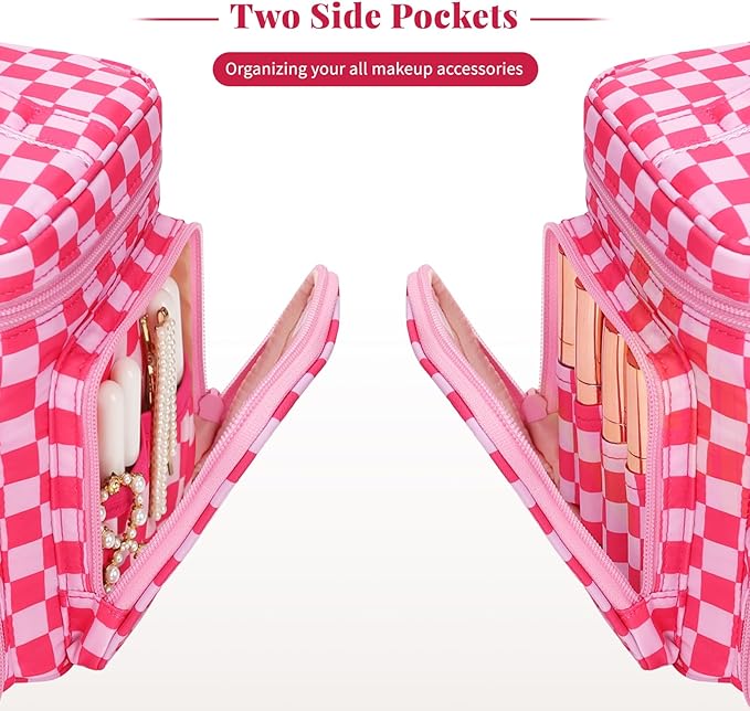 Large Checkered Makeup Bag, Travel Makeup Bag Organizer for Women Girls with Makeup Brush Compartment & Two Side Pockets, Cosmetic Travel Bag Vertical Storage Toiletry Bag- Hotpink