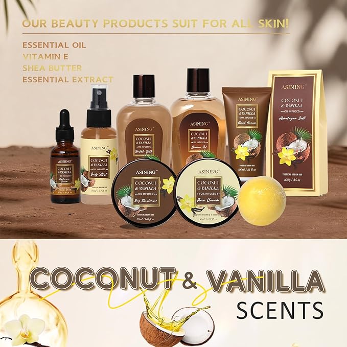 19-Piece Bath and Body Gift Basket Set for Women - Coconut Vanilla Gift, Spa Gift Basket, Face Skin Care Set, Bath Gift Set Self Care Gift for Mothers Day, Fathers Day, Birthday, Christmas, Valentines