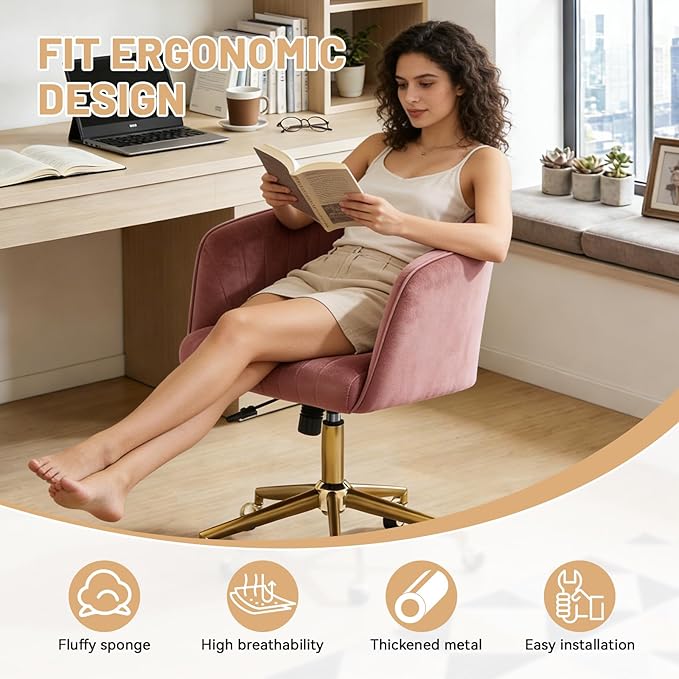 Vanity Chair with Back 360 Swivel Armchair and Gold Base, Criss Cross Chair with Wheels for Vanity Home Office, Living Room, Bedroom and Study (Pink)
