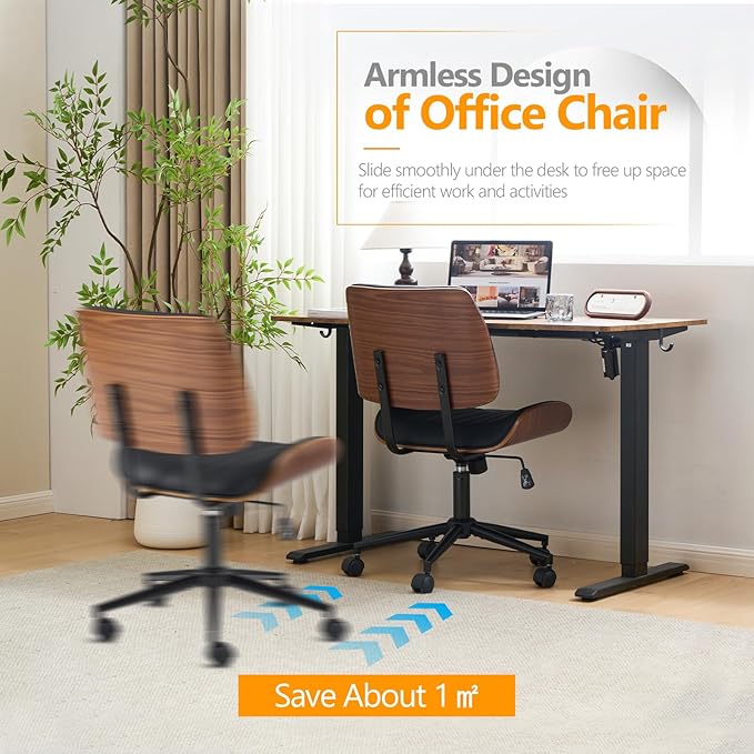 VINGLI Wide Curved Seat&Back Armless Home Office Chair,Ergoromic Adjustable-Height Desk Chair,Swivel&Tilting Function,Stylish Walnut Task Chair for Meeing Room,Dining Room,PU, Black
