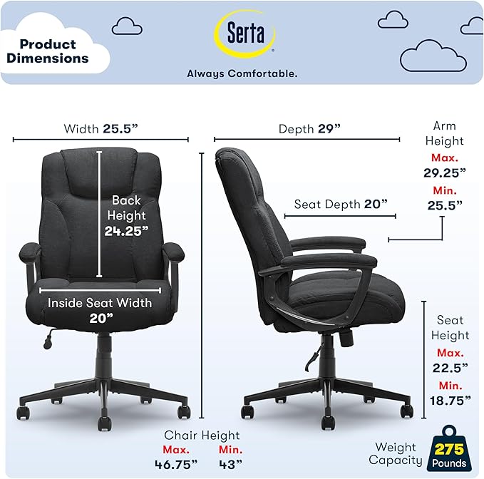 Serta Connor Executive Office Chair, Ergonomic Computer Chair with Layered Body Pillows, Contoured Lumbar, Adjustable Seat, Microfiber Fabric, Black