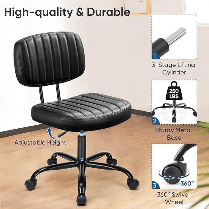 DUMOS Small Office Desk Chair - Armless PU Leather with Comfy Lumbar Support, Height Adjustable Rolling Swivel Task for No Arms, for Adult, Student, Bedroom, Home, Vanity, Black
