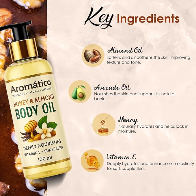 Honey & Almond Mini Body Oil for Women. Dry Skin-Deep Hydration Formula for Glowing Skin in the Winters. Non-Sticky Texture, for Daily Use after Bath. Cozy & Creamy Fragrance - 4 fl Oz