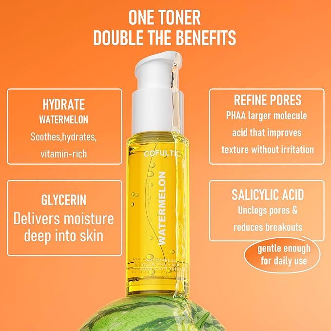 Cofultic Watermelon Pore-Tight Toner, PHA + BHA Face Toner, Gentle Facial Exfoliator for Tightening(50ml)