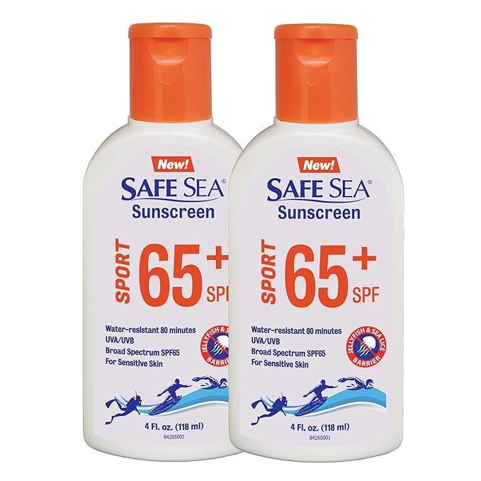 Safe Sea SPF 65+ Sport Sunscreen Lotion 4oz, Jellyfish and Sea-Lice Sting Protection, Super Water and Sweat resistant, Biodegradable, Easy to apply. 4Oz (118ml), Pack of 2