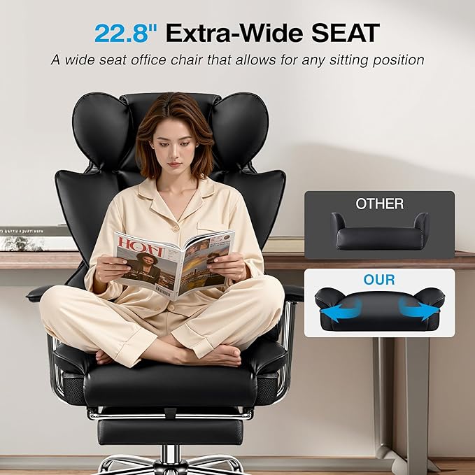 Office Chair Comfy, Big and Tall Executive Leather Chair, High Back Ergonomic Wide Chair with Footrest, Reclining Computer Desk Chair, Heavy Duty Gaming Chair with Padded Arm and Pillow, Black