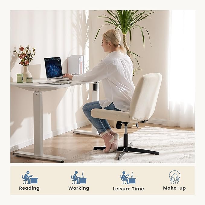 DUMOS Criss Cross Chair No Wheels Wide Cross Legged Office Desk Vanity Chair Comfy Fabric Armless Adjustable Swivel for Home Computer Task (Beige)