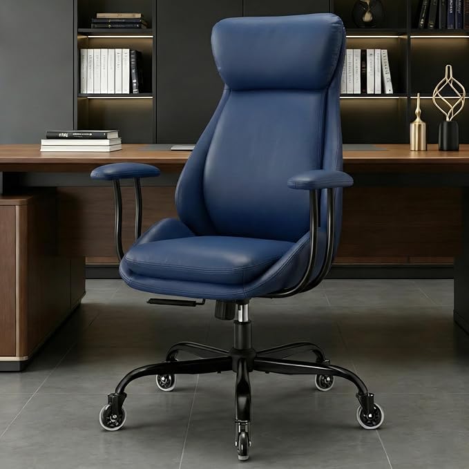 Office Chair, Leather Desk Chair with Rubber Wheels, Ergonomic Computer Chair 500 LBS with Lumbar Support, High Back Executive Chair for Modern Home Office, Blue