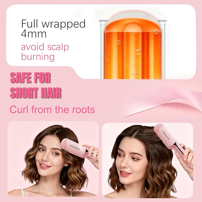 Curling Iron Crimper Hair Tool - ZWIKAGEF Hair Crimper Curling Wand, Curling Iron with Ceramic 3 Barrel for Short Hair Women, Dual Voltage, Anti-Scald, 1.25 Inch