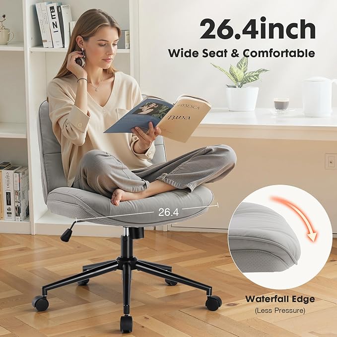 Sweetcrispy Criss Cross Chair with Wheels, Wide Seat PU Leather Armless Office Desk Vanity Chair, Comfortable Adjustable Swivel Computer Task Chairs for Bedroom, Small Space Make Up, Grey