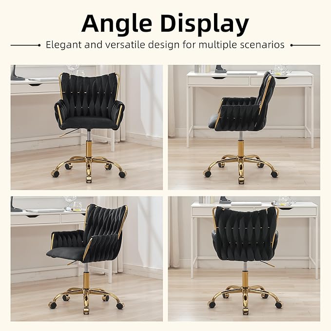 ABET Velvet Desk Chair with Wheels, Cute Upholstered Swivel Office Chair, Modern Gold Rolling Hand Woven Height Adjustable Armchair for Women Girls Home Makeup, Vanity, Nail Salon, Black