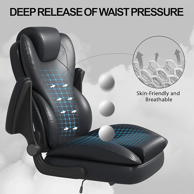 Hovos Office Chair, Ergonomic Big and Tall Desk Leather Chair with Padded Flip-up Arms, Adjustable Tilt Lock, Heavy Duty Swivel Rolling Computer Chair for Home Office, Black