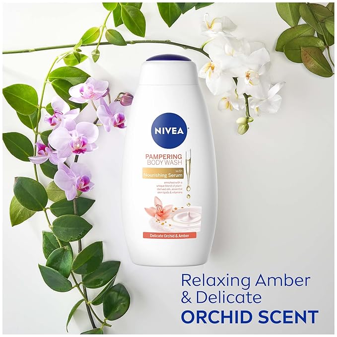 NIVEA Delicate Orchid and Amber Body Wash with Nourishing Serum, 20 Fl Oz Bottle (Pack of 2)