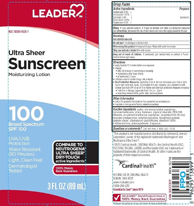 LEADER Travel Sunscreen SPF 100+, Ultra Sheer Dry-Touch Water Resistant and Non-Greasy Lotion with Broad Spectrum SPF 100+, 3 Fl Oz (3 Pack)