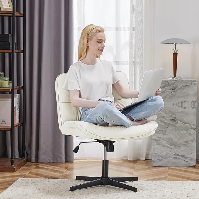 OLIXIS Criss Cross Chair Without Wheels, Cross Legged Office Chair, Armless Wide Vanity Desk Chair with Comfy PU Leather& Back - Swivel for Home Office Bedroom, Beige