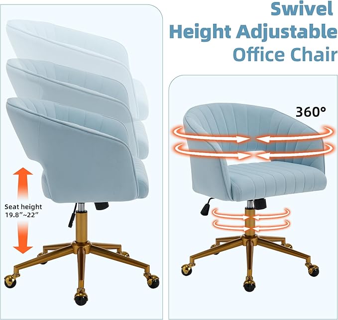 Westice Home Office Desk Chairs, Modern Velvet Rolling Chair, Height Adjustable Swivel Vanity Chair with Golden Base, Ergonomic Chair for Study, Living Room Computer Room, Light Blue