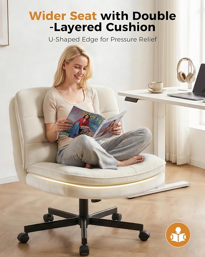 COMHOMA Cross Legged Office Chair with Wheels Armless-Office Desk Chair, Modern Vanity Computer Task Chairs for Home Bedroom, Comfortable Wide Seat for Lower Back Pain Relief, Soft Velvet, Beige
