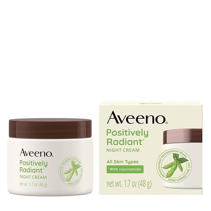 Aveeno Positively Radiant Moisturizing Face & Neck Night Cream with Tone Correcting Soy & Niacinamide,Night Cream Targets Dull Skin-& Evens Skin Tone-& Texture,Hypoallergenic,1.7 oz,(Pack of 2)