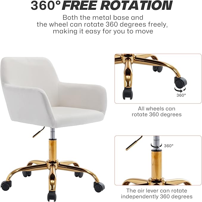 KCC Velvet Office Desk Chair, Comfy Swivel Modern Leisure Armchair with Wheels, Upholstered Comfy Velvet Fabric Makeup Chair Height Adjustable for Teens Women Girls Elegant Home Office, White