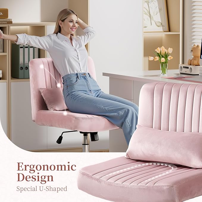 Velvet Criss Cross Chair with Wheels, Luxury Cross Legged Office Chair, Comfy Desk Chair for Home Office, Wide Seat Computer Chair, Armless Vanity Chair, Birthday Gift for Girls & Women, Pink