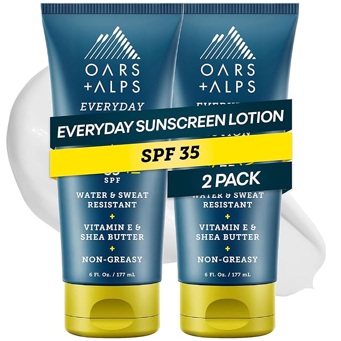 Oars + Alps Sunscreen Body Lotion for Everday Use, SPF 35 Body & Face Sunscreen Lotion, Infused with Aloe & Vitamin E, No White Residue, Water & Sweat Resistant, All Skin Types, Lightweight, 6oz, 2pk