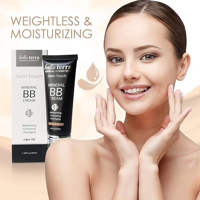 Bellaterra Cosmetics BB Cream – Tinted Moisturizer & Mineral Foundation Makeup, Light 102 – Lightweight, Oil-Free, Buildable Coverage, Matte Finish, Anti-Aging Concealer, Clean Beauty, 1.69 oz