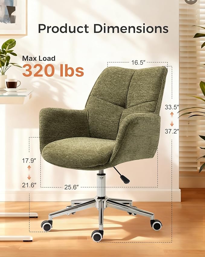 Home Office Desk Chair Swivel Ergonomic Computer Chair with Rolling Wheels, Adjustable Height Accent Armchair Upholstered Chenille for Living Room, Home Office, Study, Make Up, Green
