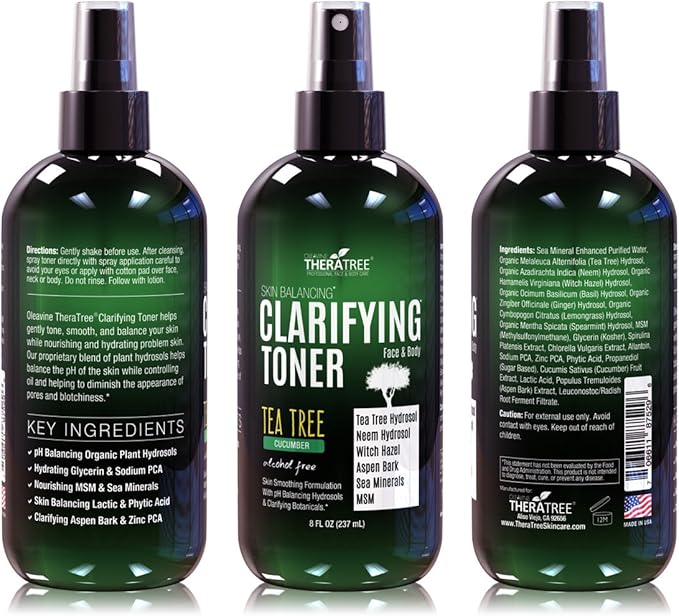 TheraTree Clarifying Toner Spray with Tea Tree Oil, Neem & Witch Hazel by Oleavine - 8oz - Alcohol Free Face & Body Toner - Helps with Oily Skin, Pore Size & Hydration