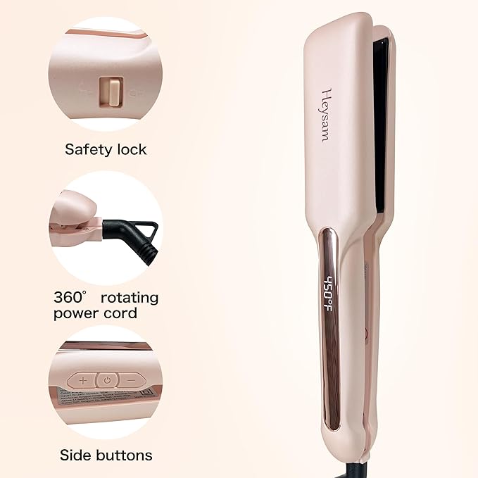 Heysam Flat Iron Hair Straightener and Curler 2 in 1, Travel Portable Dual Voltage Hair Irons for Thick Hair, Wide Ionic Straightener 1.6-Inch, 30S Fast Heating, LCD Display, Smooth & Frizzy, Pink