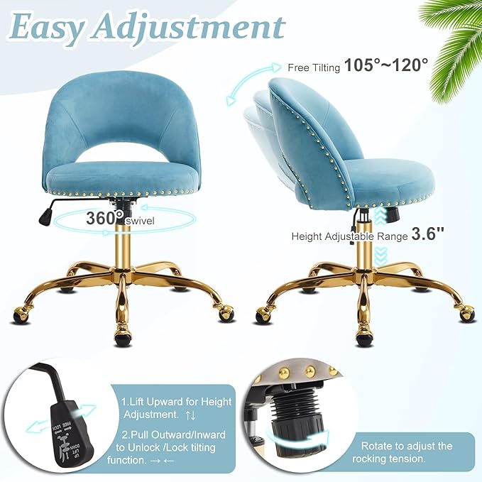VINGLI Modern Velvet Small Office Chair,Cute Desk Chair with Wheels,Gold Base/Studs, Comfy Armless Swivel Vanity Task Chair for Women/Girl/Kids, Nail Tech Chair for Bedroom,Small Space,Cruising Blue