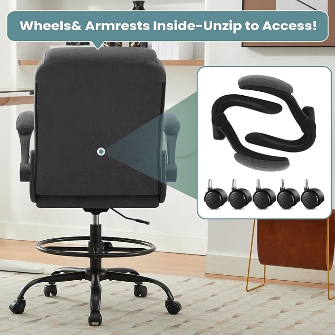 Drafting Chair for Standing Desk – Tall Office Chair with Adjustable Height & Foot Ring, Flip-Up Arms, Lumbar Support – Comfortable Fabric Seat, Ideal Home Desk Chair