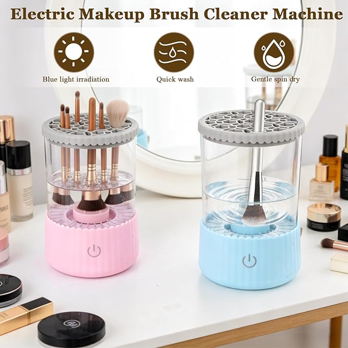 Electric Makeup Brush Cleaner Machine, 2026 New Automatic Spinning Make Up Brush Washer, Makeup Brushes Cleanser with blue ligh for All Size Beauty Makeup Brushes (Blue)