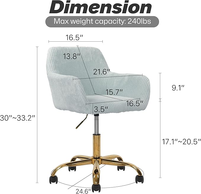 KCC Corduroy Fabric Vanity Makeup Desk Chair, Fluffy Swivel Modern Armchair with Wheels, Upholstered Fuzzy Height Adjustable for Girls Home Office, Blue