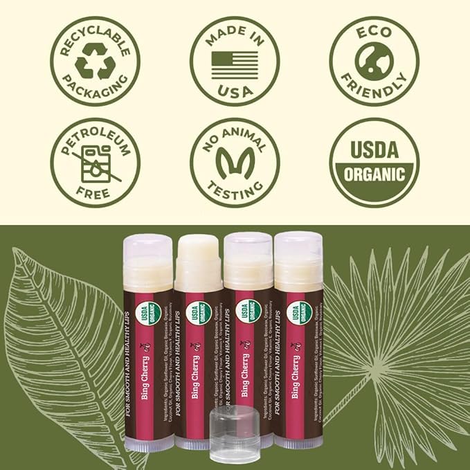 Earth's Daughter USDA Organic Cherry Lip Balm 4-Pack- Cherry Flavor - Beeswax, Coconut Oil, Vitamin E - Best Lip Repair Chapstick for Dry Cracked Lips.