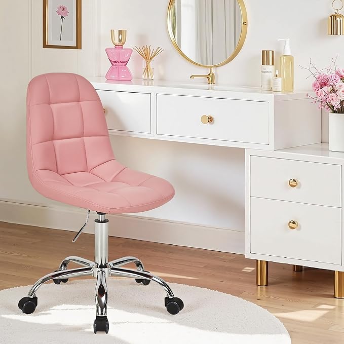 VECELO Stylish Height Adjustable Faux Leather Vanity Chair, Modern Swivel Makeup Chair with Rolling Wheels, Comfortable Padded Task Chair for Bedroom, Dressing Room & Home Office – Pink