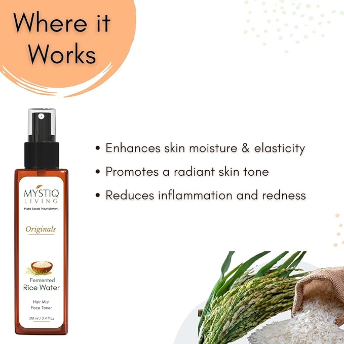 Mystiq Living Fermented Rice Water Toner Spray for Korean Glass Skin | 100% Pure Made with Organic Doon Basmati Rice | Skin Brightening & Glowing Skin