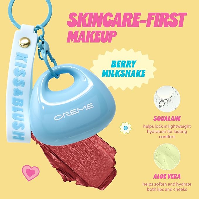 The Crème Shop Kiss & Blush Tinted Lip Balm & Blush, Korean Makeup for Lips & Cheeks, Cute Charm Key Chain, Hydrating, Long Lasting Tint, Aloe, Squalane (Berry Milkshake)