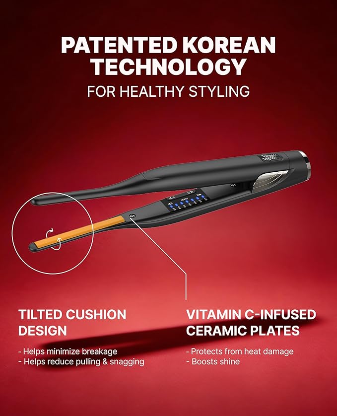 GLAMPALM Stiletto Hair Straightener 0.3" Pencil Ceramic flat iron Infused with Vita C, Korea's No.1 Professional Salon Tool for Short Hair, Dual Voltage, 7 Heat Setting(150°–450°), 10s Heat-Up (GP141)