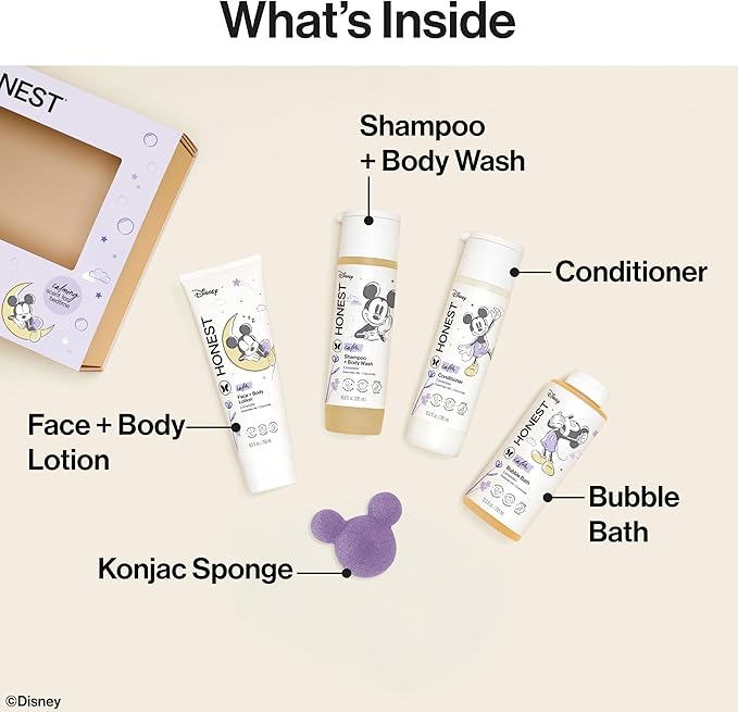 The Honest Company Calm Lavender Bathtime Gift Set, Disney Design, Hypoallergenic Bath for Sensitive Baby Skin, Shampoo Body Wash Face Lotion Bubble Conditioner Sponge