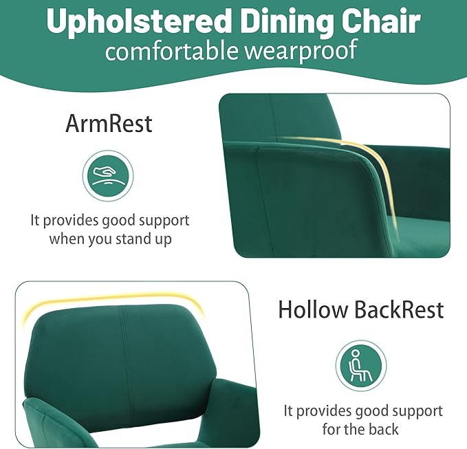 KCC Small Modern Dining Room Arm Chairs Set of 4, Mid-Century Upholstered Velvet Side Seat Club Guest with Metal Tube Legs for Kitchen, Living Room, Green
