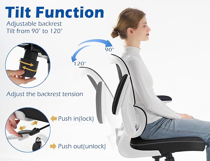 TRALT Ergonomic Office Chair - Desk Chair with Adjustable Lumbar Support Computer Chair - Mesh Comfy Chair with Flip-up Armrests - Gaming Chairs for Adults Home Office (PU Leather, Black White)