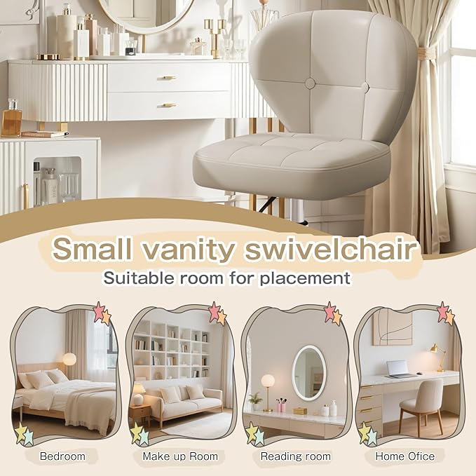 Vanity Chair with Back – Small Armless Office Chair with Wheels, Lumbar Support, PU Leather, Adjustable Height, 360° Swivel for Home, Bedroom, Office White Set of 1