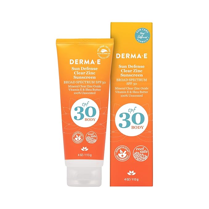 DERMA E Sun Defense Mineral Sunscreen SPF 30 Body – Broad Spectrum Sun Cream – Fragrance Free Zinc Oxide and Titanium Dioxide Aging Reducing Protection, 4 Oz