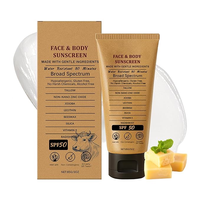 Beef Tallow Sunscreen SPF 50 - Grass Fed Beef Tallow, Non-Nano Zinc Oxide Sunblock, Water Resistant, Clean Non-greasy Formula for Face and Body, 3 Oz