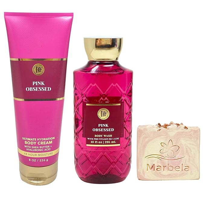 Bath & Body Works Pink Obsessed Body Cream and Body Wash Duo Set with a Himalayan Salts Springs Bar Soap - Full Size